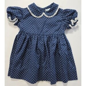 Vintage 90s Nannette Girls Polka Dot Dress Blue Lace Collar 6-12M